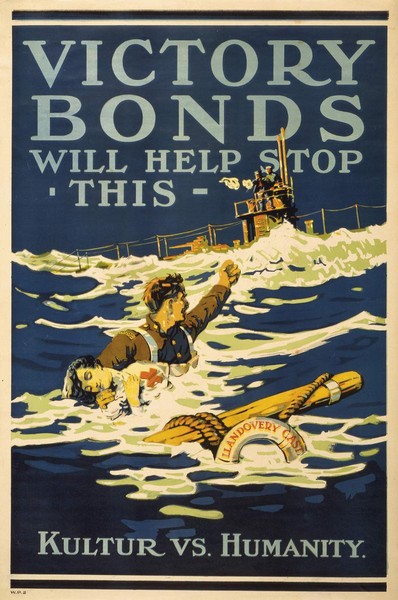 Plakat auf dem Retter auf hoher See mit lebloser Krankenschwester auf dem Wasser schwimmt. Es reagiert auf die Versenkung der "Llandovery Castle".