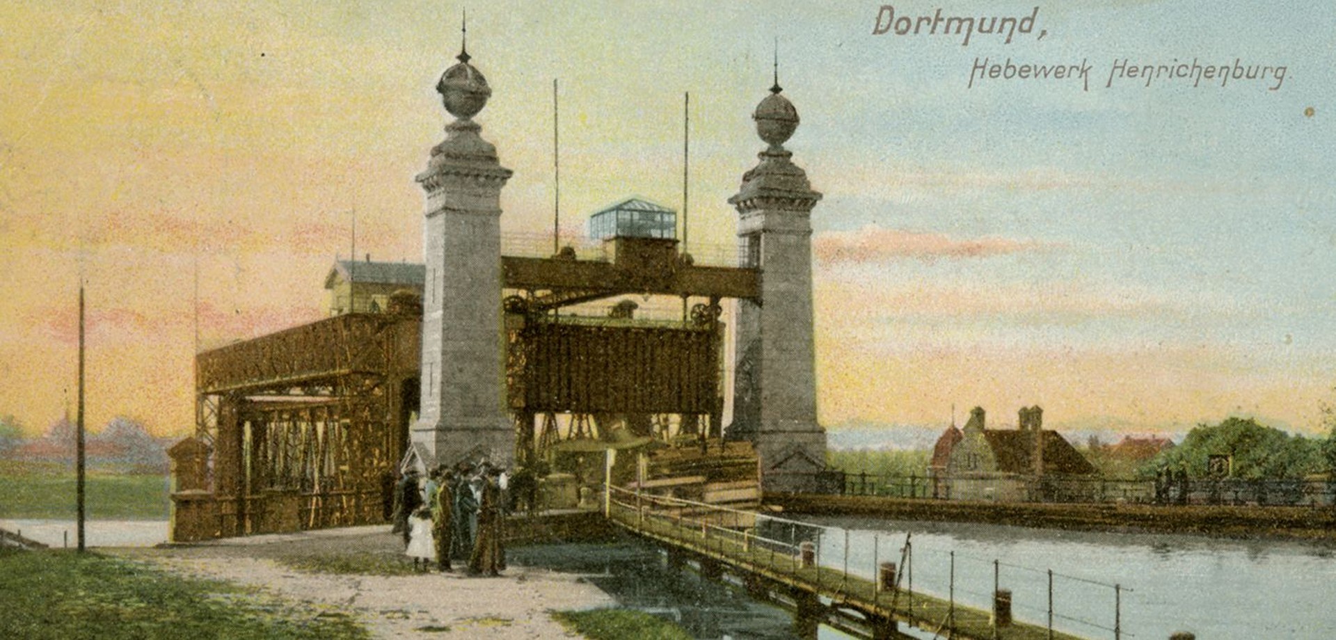 Colorierte Postkarte des Schifshebewerks, um 1900